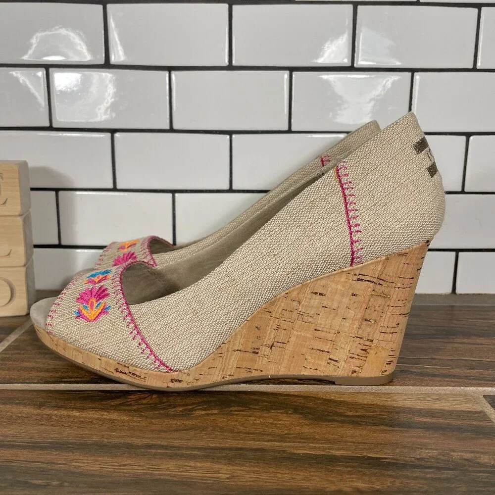 Toms Stella Womens Size 9.5 Shoes Natural Burlap Embroidery Peep Toe Wedge Heel